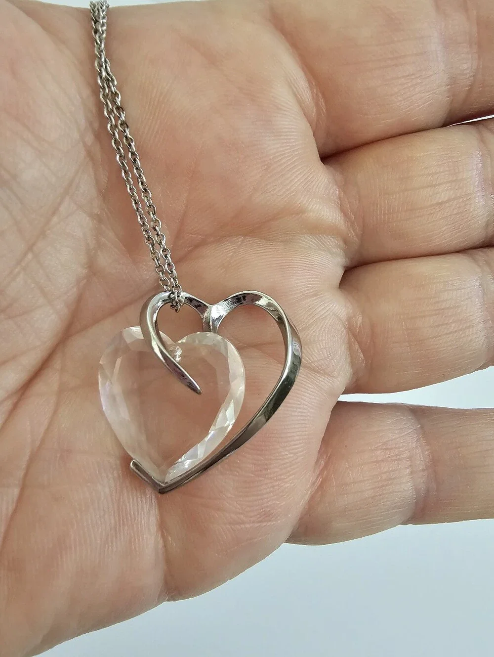 Vintage Italian Sterling Silver Clear Faceted Glass Heart Pendant Necklace, 925